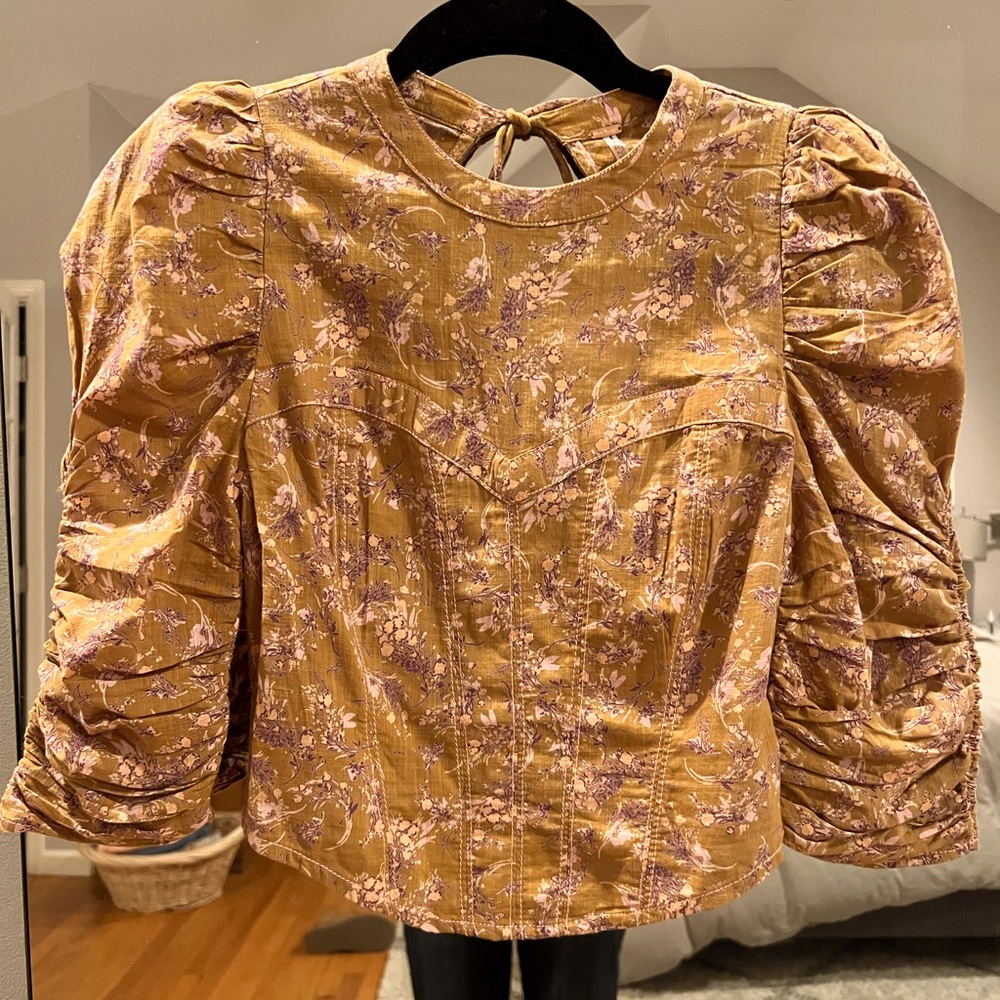 NWT Free People Floral Puff-Sleeve Cotton Top